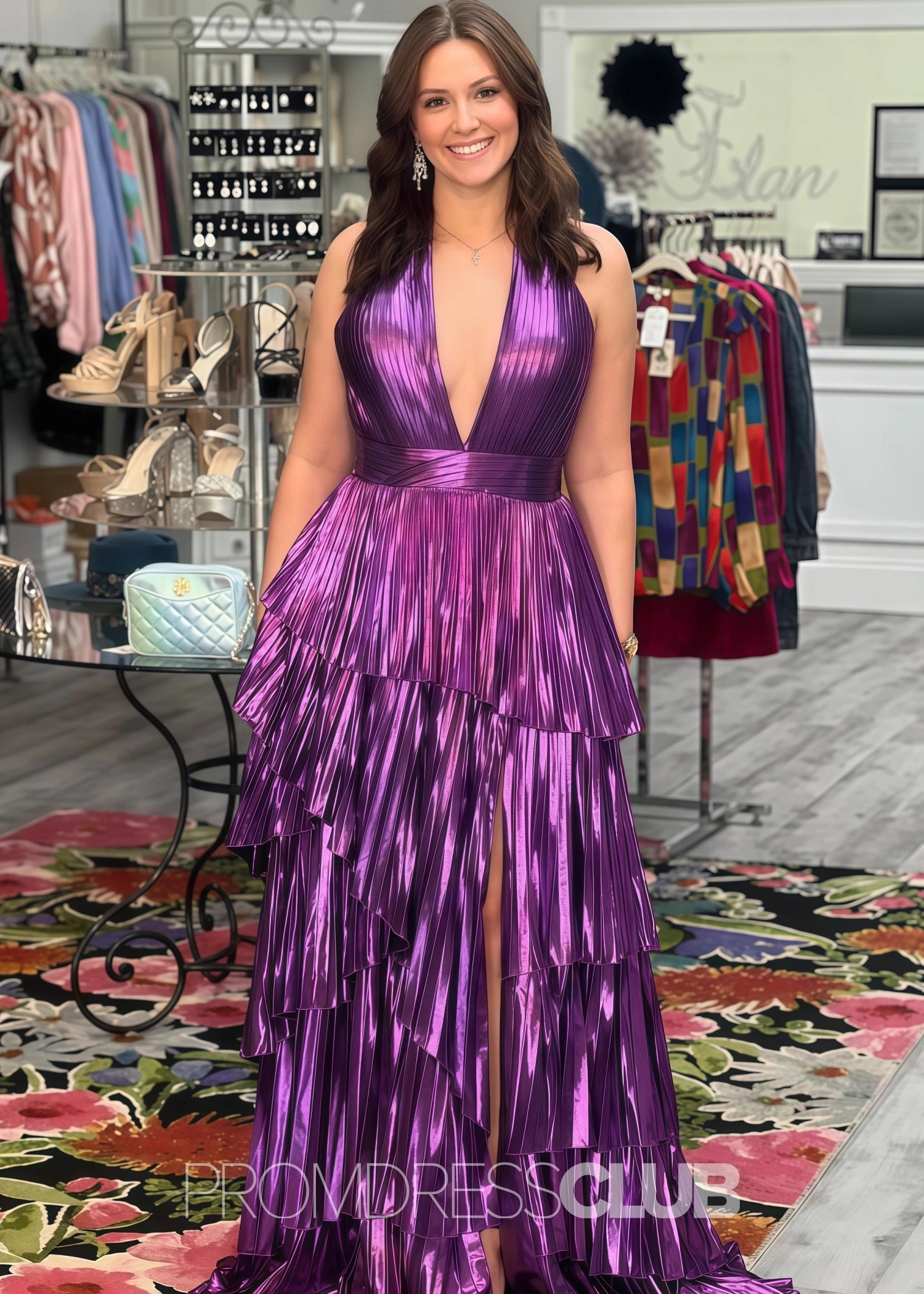 Fanny |Long Purple Prom Dress Metallic With A Line V - Neck Sleeveless Side Split - Purple - PromDressClub