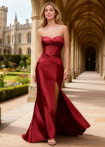 Faye Satin Burgundy Strapless Dress Prom | Sheath Corset Pleated Slit Formal Dress with Twist Knot - Burgundy - PromDressClub