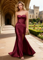 Faye Satin Mulberry Strapless Dress Prom | Sheath Corset Pleated Slit Formal Dress with Twist Knot - Mulberry - PromDressClub