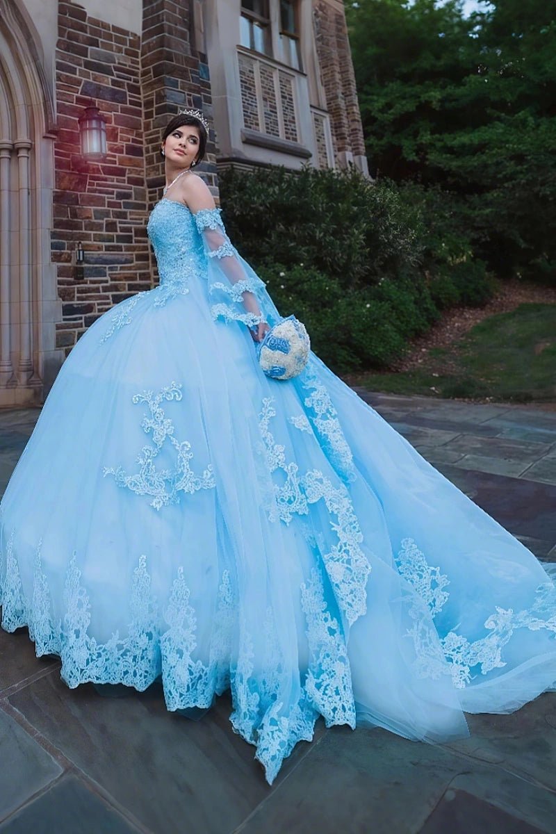 Felicia | Gorgeous Light Blue Quinceanera Dresses with Sleeves - Stunning Blue Sweet 16 Dresses - Light Blue - PromDressClub