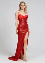 Fia Red Glitter Prom Dress | Column Spaghetti Strap Sweetheart Neckline Cocktail Dress with Slit - Red - PromDressClub