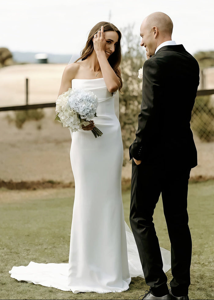 Frederica | Mermaid Strapless Pleated Backless White Satin Wedding Dress Train with Sleeveless - Price #price_variant_lowest# - White - PromDressClub