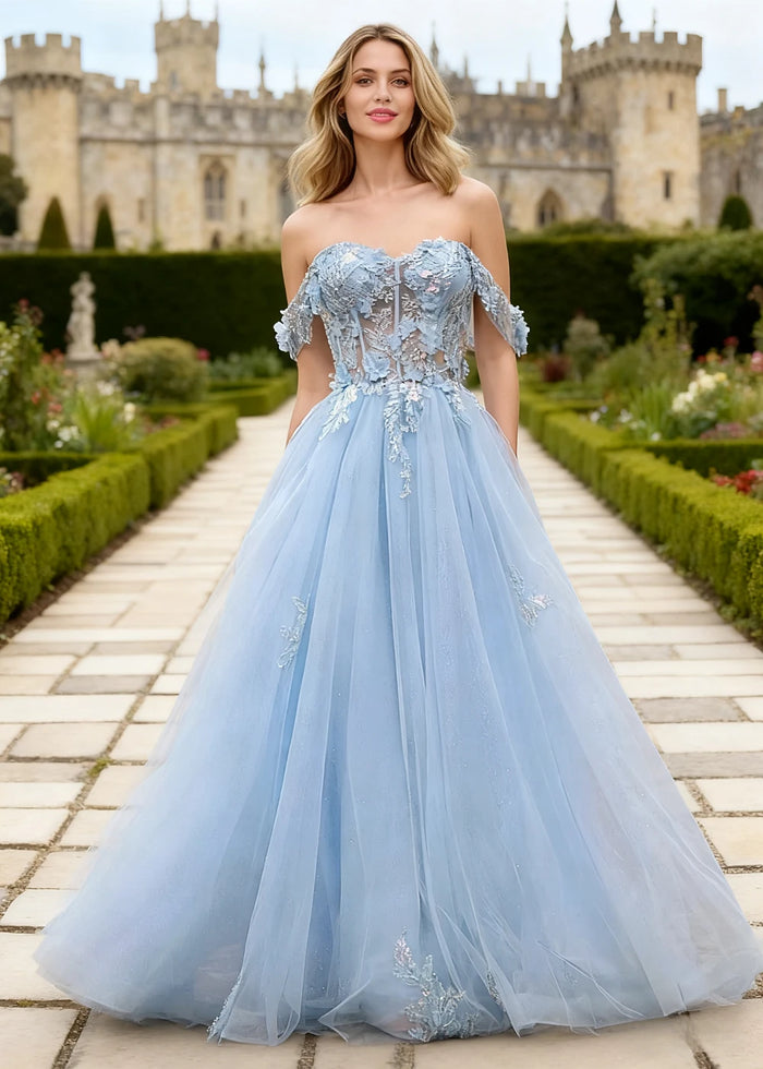 Gwen Light Blue 3D Flower Off Shoulder Prom Dress | A - Line Sweetheart Neckline Corset Tulle Formal Dress - Light Blue - PromDressClub