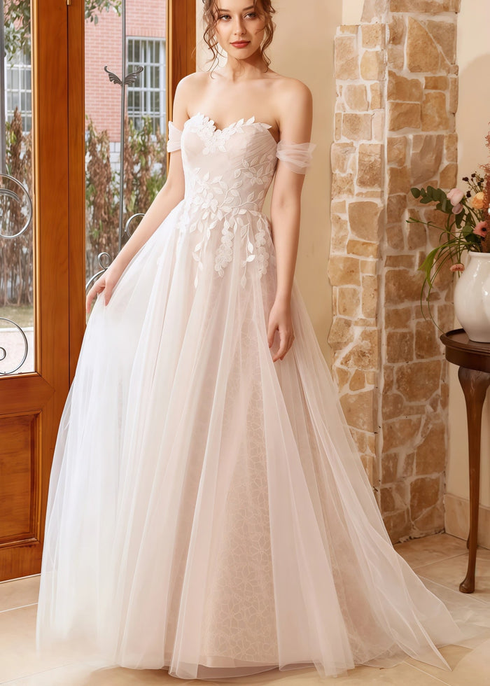 Gwendolyn | A Line Strapless Off the Shoulder White Tulle Wedding Dress with Appliques Lace - Price #price_variant_lowest# - White - PromDressClub