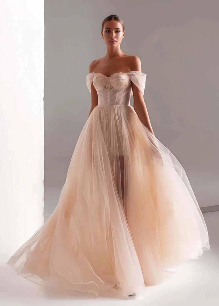 Harriet | A Line Champagne Color Tulle Corset Strapless Formal Dress - Champagne - PromDressClub