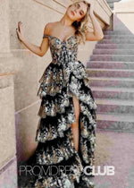 Hedda | Long Black and Gold Sequin Prom Dress A Line Off the Shoulder with Slit - Black - PromDressClub