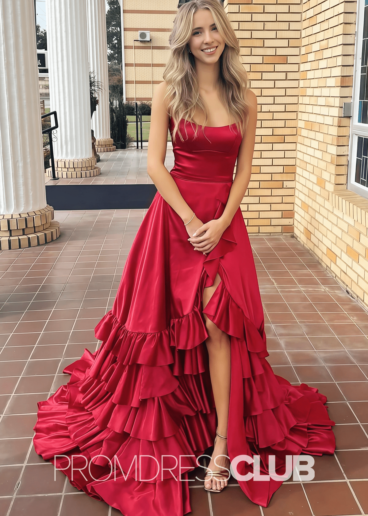 Hedy | A Line Lace - Up Ruffle Long Red Prom Dress - Price #price_variant_lowest# - Red - PromDressClub