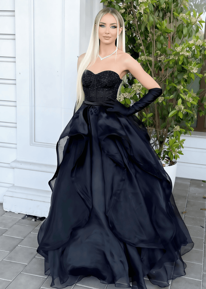 Hilary | Asymmetrical Ruffles Floor Length Black Long Prom Dress - Black - PromDressClub