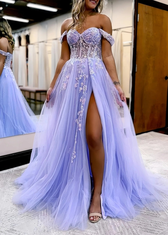 Honey | Lilac Ball Gown Princess Off the Shoulder Backless Prom Dress with Slits - Lilac - PromDressClub