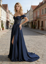 Inez Navy Blue Prom Off Shoulder Dress | A - Line Strapless Corset Beaded Satin Formal Dress with Slit - Navy Blue - PromDressClub