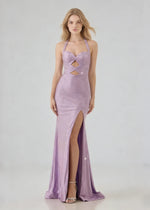 Ione Lilac Beaded Halter Prom Dress | Mermaid Sweetheart Neckline Cutout Cocktail Dress with Slit - Lilac - PromDressClub