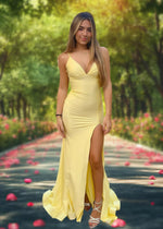 Isabella | Stunning Yellow Satin Mermaid Backless Prom Dress with Slit - Yellow - PromDressClub