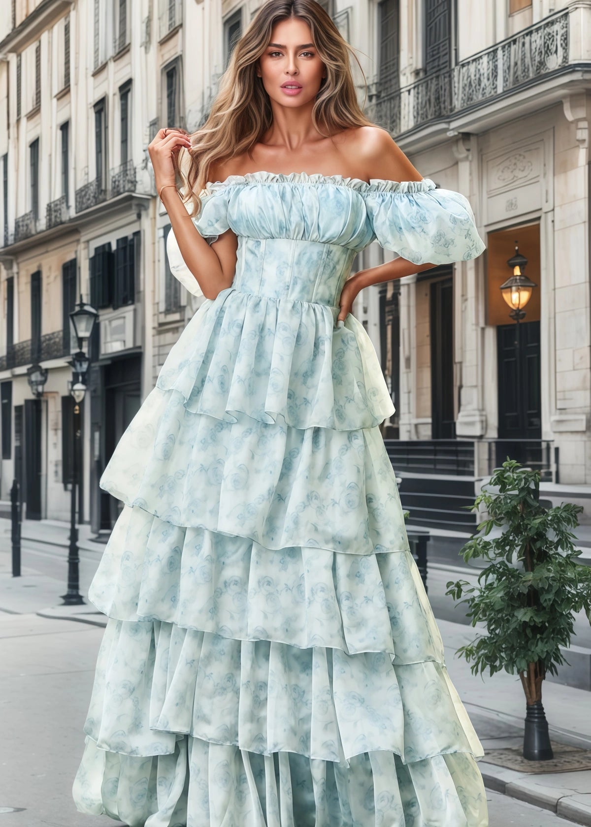 Jacqueline | Tiered Corset Light Blue Floral Long Formal Dress with Ruffles - Price #price_variant_lowest# - Light Blue Floral - PromDressClub