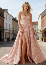 Jael Pink Floral Jacquard Prom Dress | A - Line Strapless Corset Pearl Formal Dress with Slit - Pink Floral - PromDressClub