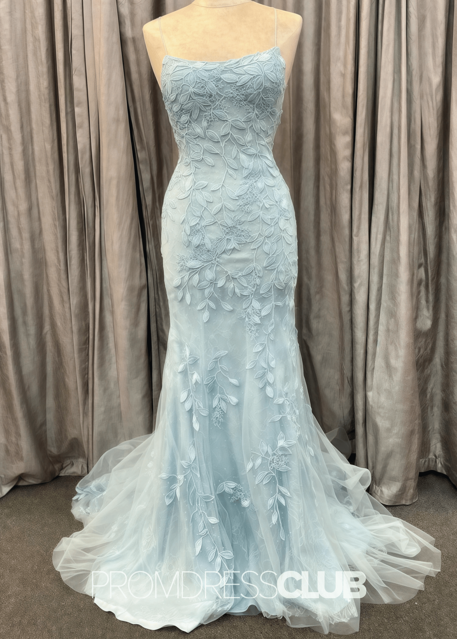 Lane |Sky Blue Prom Dresses Websites With Spaghetti Straps Lace Appliques Sleeveless Mermaid - Price #price_variant_lowest# - Sky Blue - PromDressClub