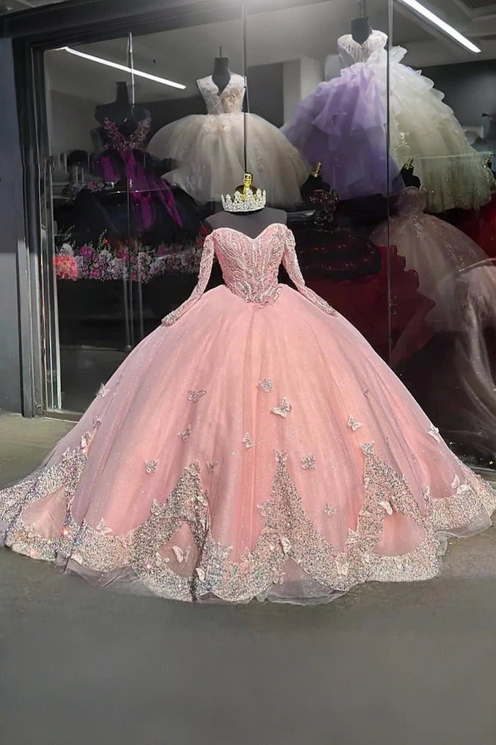 Janice | Gorgeous Pink Long Sleeve Quinceanera Dress with Butterflies for Memorable Celebrations - Pink - PromDressClub