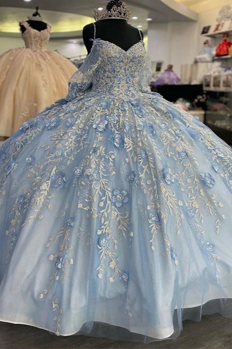 Jeanette | Exquisite Blue and Gold Quince Dresses with Glitter Elegance - Light Blue - PromDressClub