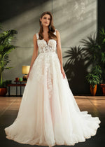 Jo | V Neck Princess Sleeveless Applique Lace Wedding Dress Train - A Blend of Allure and Elegance - White - PromDressClub