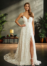 Joan | A Line Spaghetti Strap V Neck Backless Lace Wedding Dress with High Slit - Modern Elegance for Brides - Ivory - PromDressClub