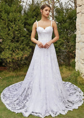 Joanna | Elegant A Line Lace Spaghetti Strap Sweetheart Neckline White Wedding Dress with Court Train - White - PromDressClub