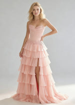 Jora Corset Pink Prom Dress with Ruffles | A - Line Strapless Appliques Lace Formal Dress with Slit - Pink - PromDressClub