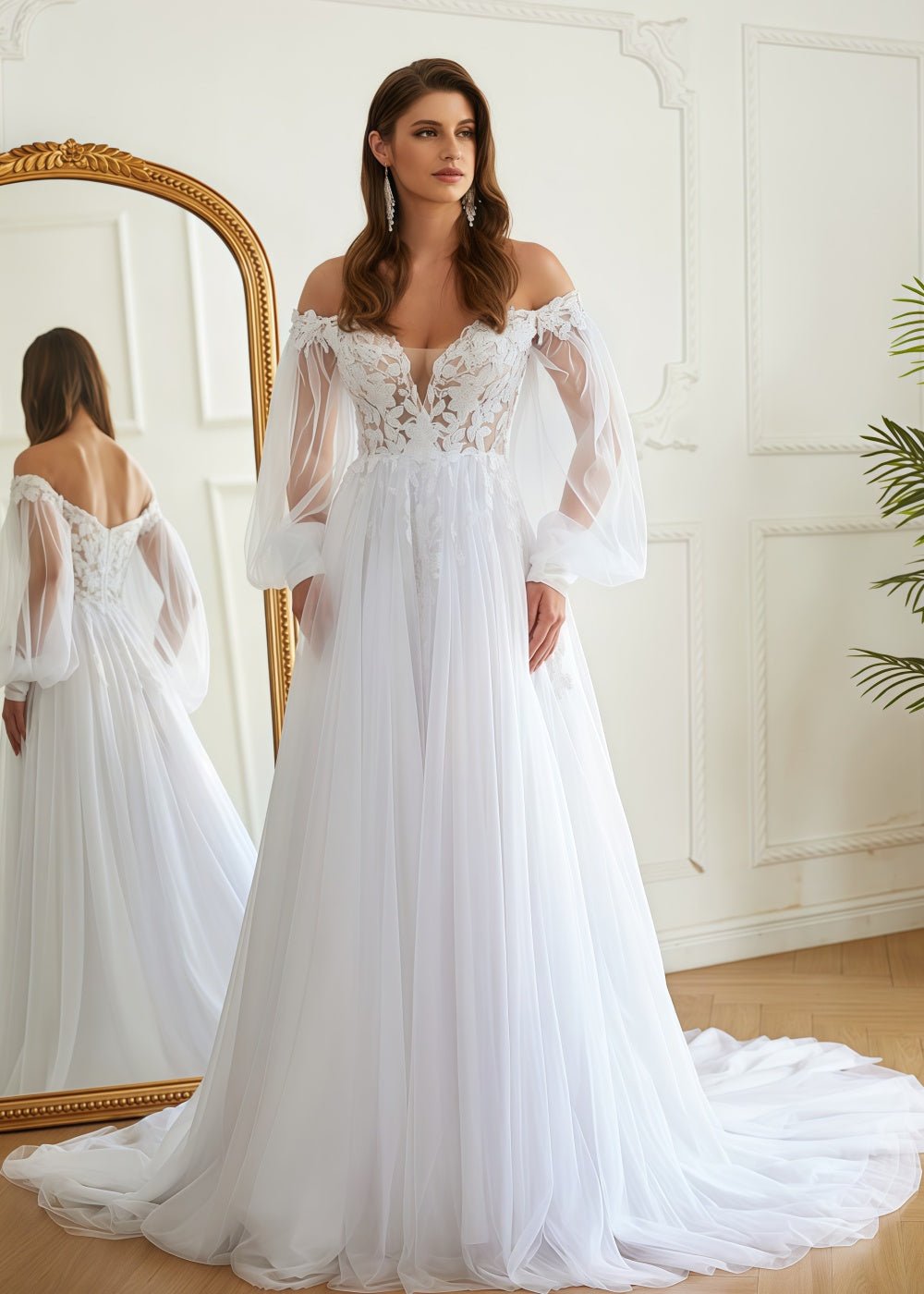 Josephine | Off the Shoulder Long Puff Sleeve Lace Tulle Wedding Dress with Court Train and Applique - White - PromDressClub