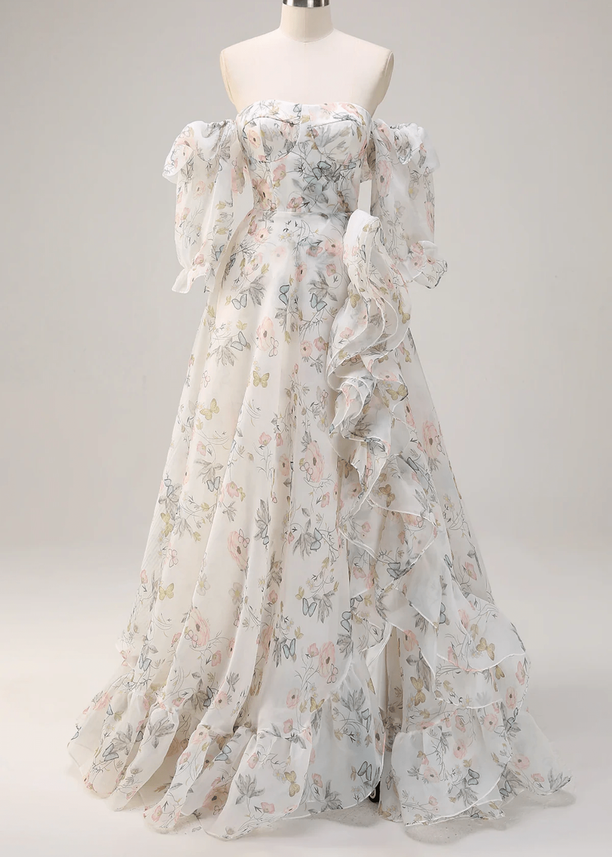 Judy | A Line White Floral Ruffle Slit Long Prom Dress - Price #price_variant_lowest# - White Floral - PromDressClub