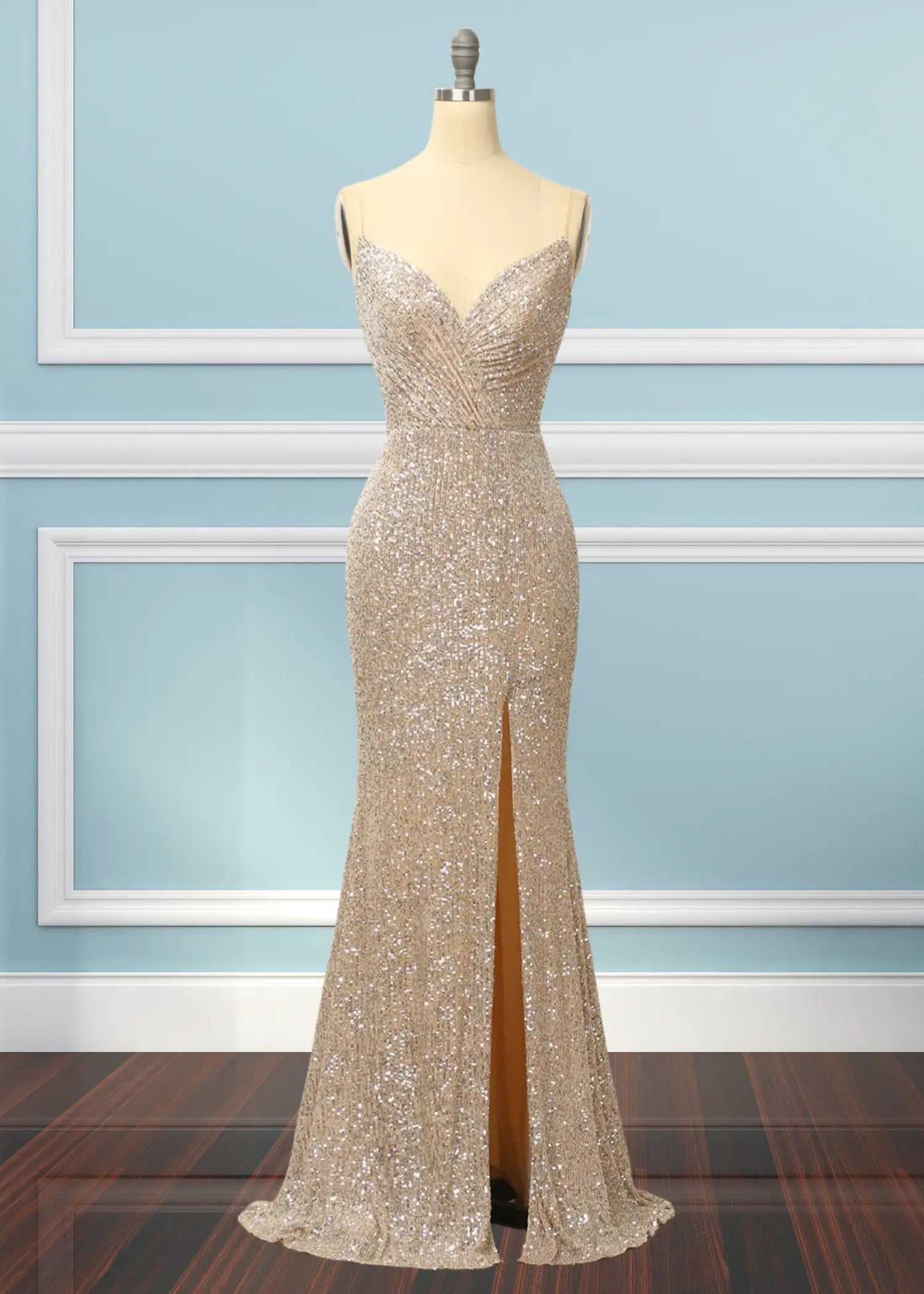 Kate | Strapless Champagne Sequin Mermaid Prom Dress Split - Champagne - PromDressClub