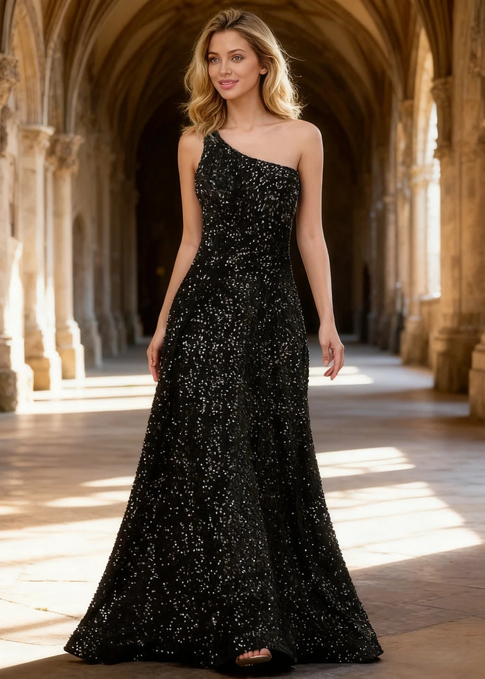 Mara Black Velvet 1 Shoulder Prom Dress | A - Line Asymmetrical Sequin Open Back Gown - US00 - PromDressClub