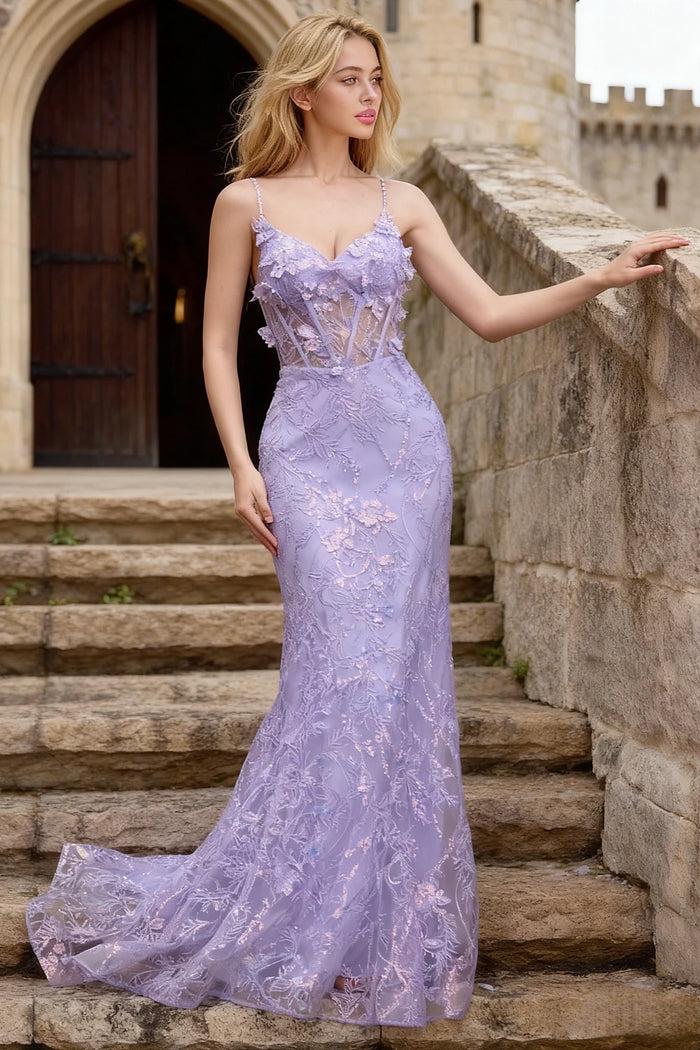 Kira Lavender Glitter Dress Mermaid Prom | Spaghetti Strap Sweetheart Neckline Corset Flower Gown - US0 - PromDressClub