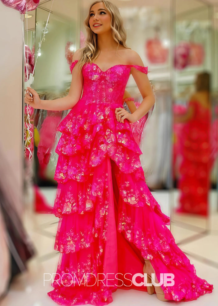 Kristin |Long Fuchsia Prom Dresses Near Me With A Line Off The Shoulder Sequin Tiered Ruffle - Price #price_variant_lowest# - Fuchsia - PromDressClub
