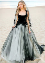 Leticia | Elegant Black Velvet Square Neck Wedding Dress with Gray Tulle Skirt - Black - PromDressClub