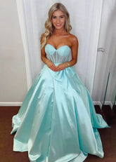 Bridget | Light Blue Strapless Corset Beaded Formal Dress with Bow - Light Blue - PromDressClub