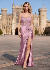 Lila Dusty Rose Mermaid Lace Beaded Prom Dress | Spaghetti Straps V - Neck Pleated Satin Dress with Slit - US0 - PromDressClub
