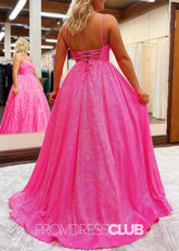 Lindsay |Hot Pink Plus Size Long Prom Dresses Near Me With A - line V Neck Sequins - Price #price_variant_lowest# - Hot Pink - PromDressClub