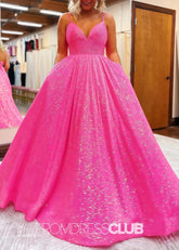 Lindsay |Hot Pink Plus Size Long Prom Dresses Near Me With A - line V Neck Sequins - Price #price_variant_lowest# - Hot Pink - PromDressClub