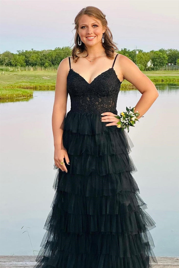 Rosalind | A Line Backless Black Lace and Tulle Prom Dress with Ruffles - Black - PromDressClub