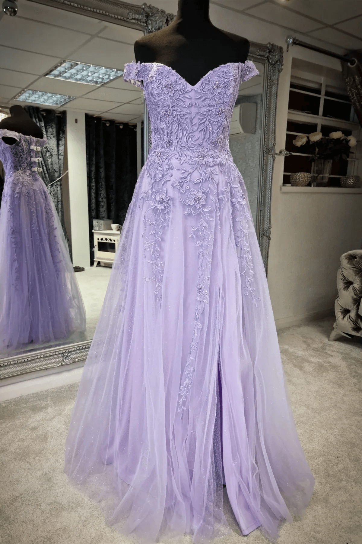 Rebecca | A Line Backless Lavender Off the Shoulder Corset Prom Dress with Slit - Lavender - PromDressClub