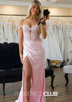Nina |Long Pink Prom Dresses Near Me With Mermaid Off Shoulder Lace High Split - Price #price_variant_lowest# - Pink - PromDressClub