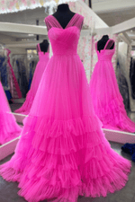 Kristin | A Line Strapless Tulle Hot Pink Corset Prom Dress Ruffles - Hot Pink - PromDressClub