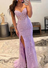 Lorraine Corset Lace Lilac Prom Dress | Mermaid Strapless Sweetheart Neckline Dress with Slit - Lilac - PromDressClub