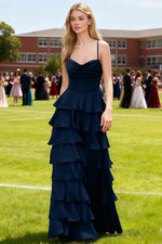 Luminance Navy Blue Tiered Ruffled Cowl Neck Prom Dress | A - Line Spaghetti Straps Corset Pleated Satin Dress with Slit - US0 - PromDressClub