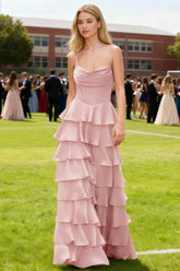 Luminance Powder Pink Tiered Ruffled Cowl Neck Prom Dress | A - Line Spaghetti Straps Corset Pleated Satin Dress with Slit - US0 - PromDressClub