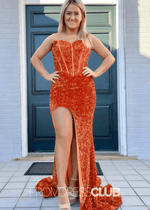 Lydia |Plus Size Orange Long Prom Dresses Near Me With Sheath Sweetheart Sequins Slit - Price #price_variant_lowest# - Orange - PromDressClub