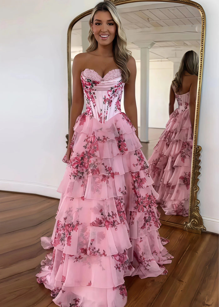 Mabel|A - Line Sweetheart Chiffon Floral Ruffled Corset Long Blush Prom Dress with Slit - Blush Floral - PromDressClub