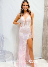 Maria |Long Pink Prom Dresses Near Me With Mermaid V Neck Sequined Lace Slit - Price #price_variant_lowest# - Pink - PromDressClub