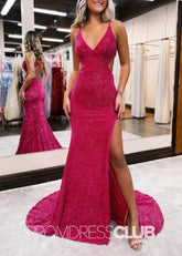 Marina |Red Long Prom Dresses Near Me With Glitter Mermaid V Neck Cut Out Slit - Price #price_variant_lowest# - Red - PromDressClub