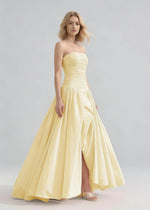 Marn Strapless Prom Dress Yellow | A - Line Pleated Wedding Guest Dress with Slit - Yellow - PromDressClub