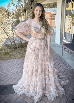 Maureen | A Line Champagne Floral Print Long Prom Dress Stores Near Me - Price #price_variant_lowest# - Champagne Floral - PromDressClub