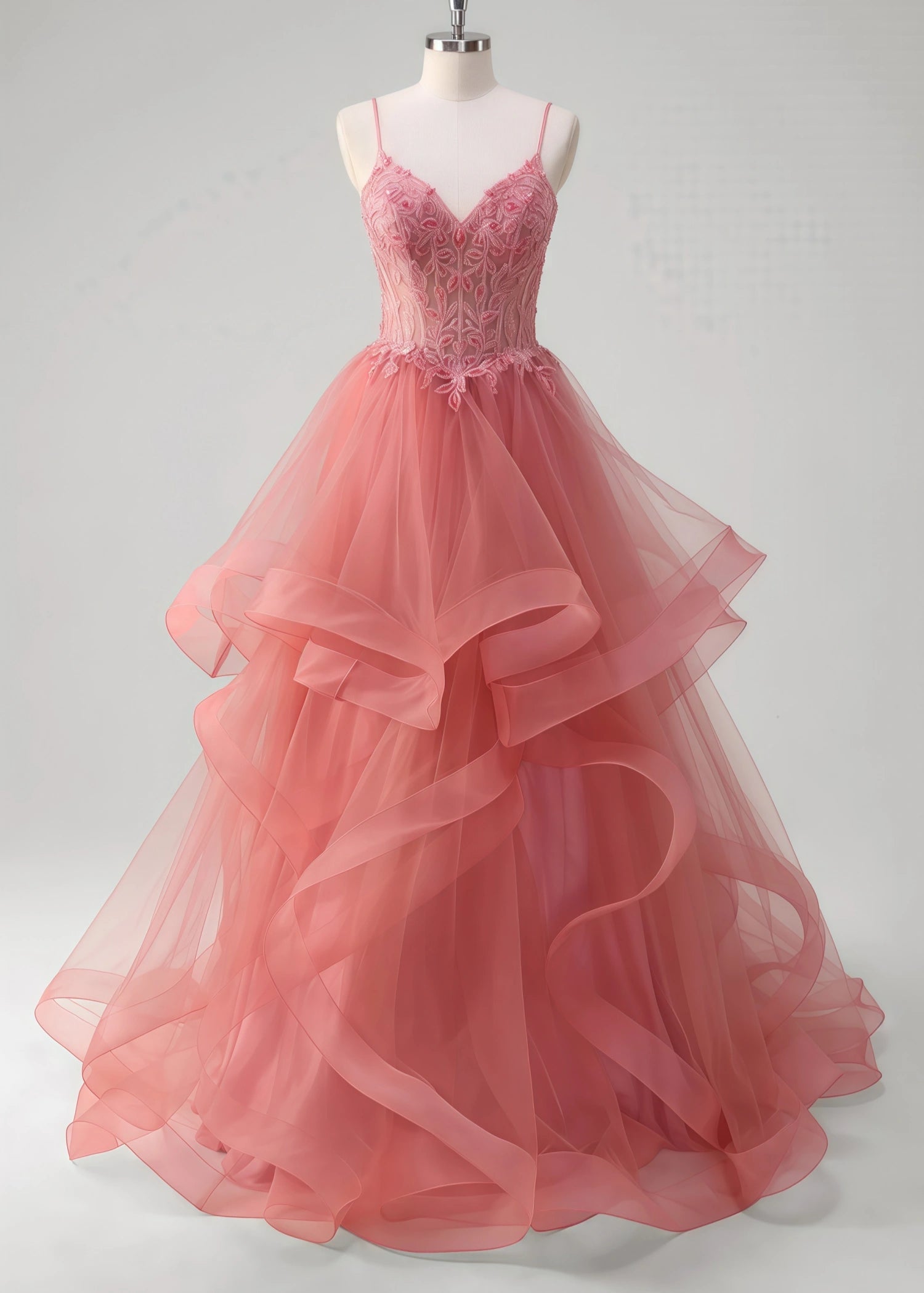 Mavis | A - Line Spaghetti Straps Tulle Tiered Long Corset Coral Prom Dress with Appliques - Coral - PromDressClub